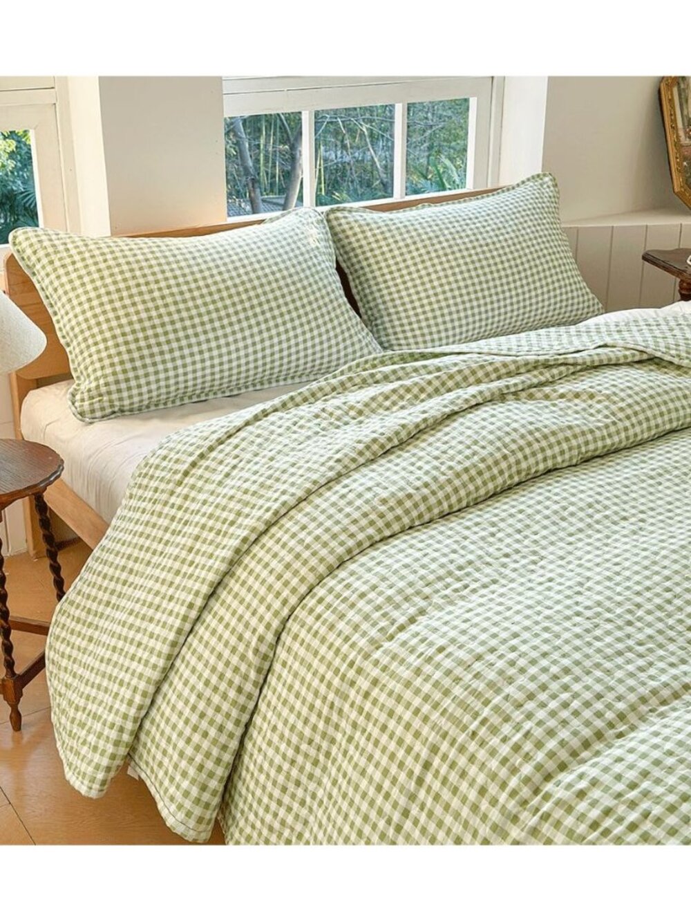 Sage Green Gingham Twin Summer Bedspread Quilt Set